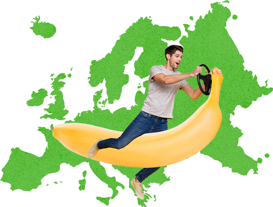 Man Sitting on a Large Banana and Riding it